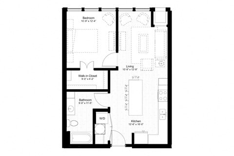 Floor plan for 1 bed, 1 bath, 680 sqft